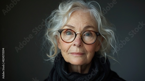 portrait of a senior woman with glasses on grey background stock image
