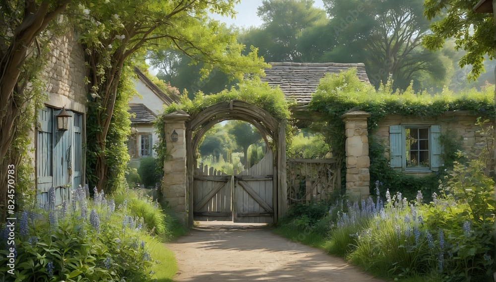 Countryside Scene with Arched Entrance and Wildflowers