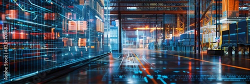 Digitalization of The Futuristic Technology Retail Warehouse: Analyzing Goods, Cardboard Boxes, Products Delivery Infographics In Logistics, Distribution Centers photo