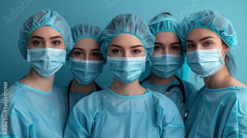 doctor er surgical team with medical clinic room background for emergency nursing care professional teamwork copy space ad new isolated over bright blue color background illustration image