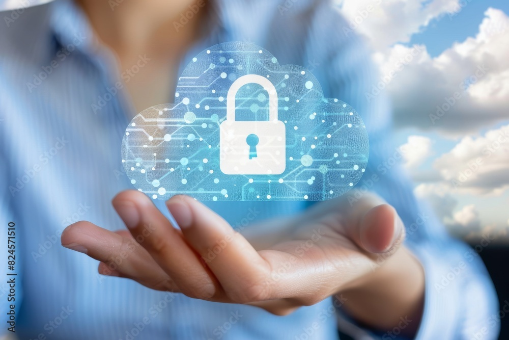 Hand holding digital cloud with lock illustrates modern data security solutions Hand holding digital cloud with lock illustrates modern data security solutions