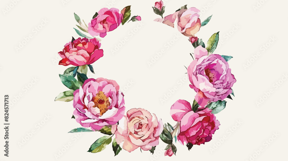 Wreath of watercolor flowers. Round frame with peonie
