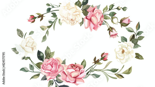 Wreath round frame. Watercolor flowers pink and white