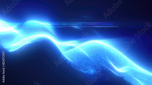 Blue energy futuristic waves with light rays and energy particles. Abstract background