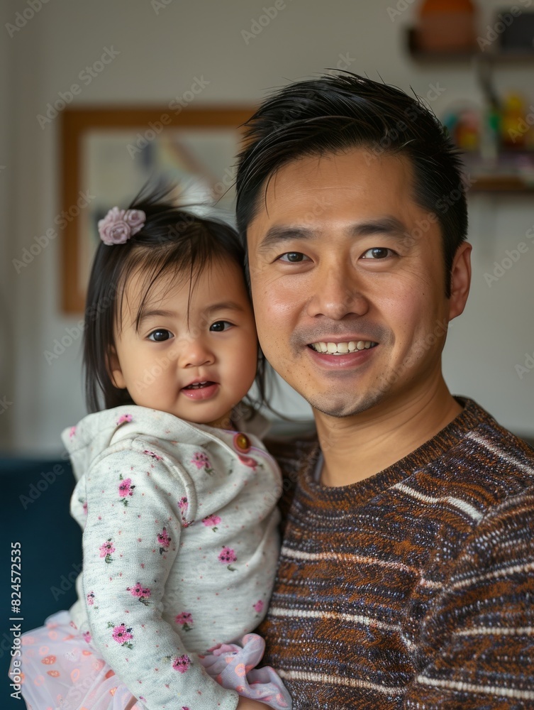 Photograph of an Asian single father in his late 30s, sharing a moment with his daughter. He's dressed in comfortable yet stylish clothes, capturing a warm, familial atmosphere in an urban setting Photograph of an Asian single father in his late 30s, sharing a moment with his daughter. He's dressed in comfortable yet stylish clothes, capturing a warm, familial atmosphere in an urban setting