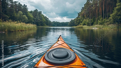 Environmental conservation concept, A kayak floating on a clean lake, symbolizing recreational enjoyment of protected natural areas. Realistic Photo,