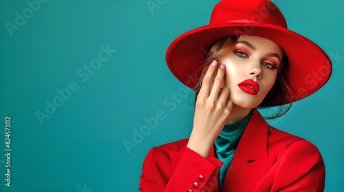 Fashionable woman in a red outfit poses against a teal background. Stylish AI-generated portrait perfect for fashion concepts. High fashion style with bold colors. AI photo