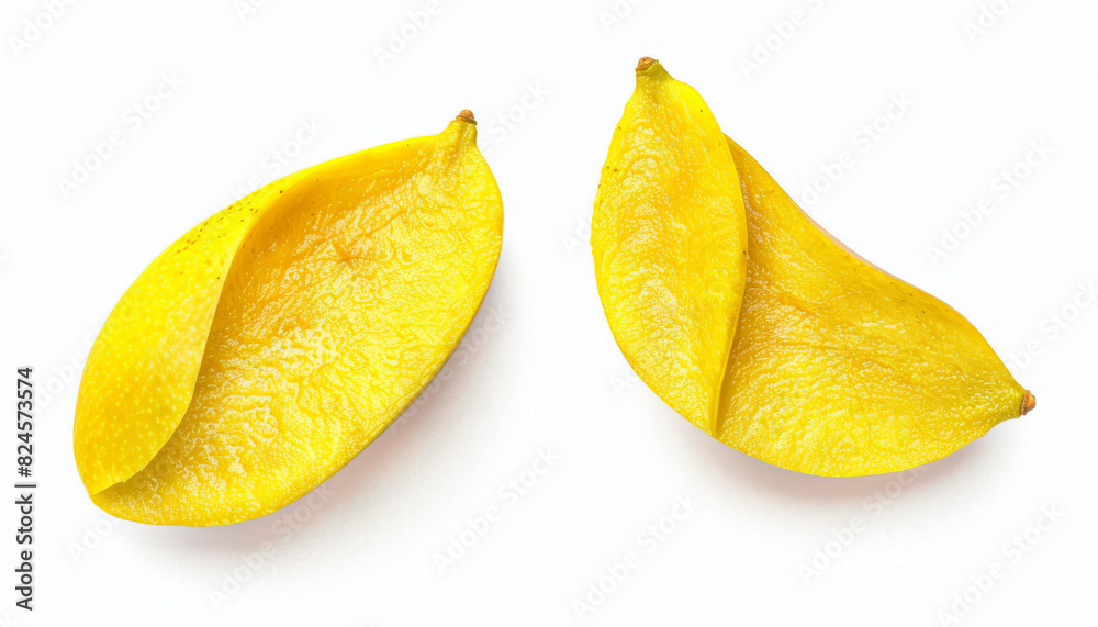 Two pieces of yellow fruit with a curved edge Two pieces of yellow fruit with a curved edge