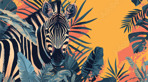 Zebra and Tropical Leaves Illustration Vector illustration