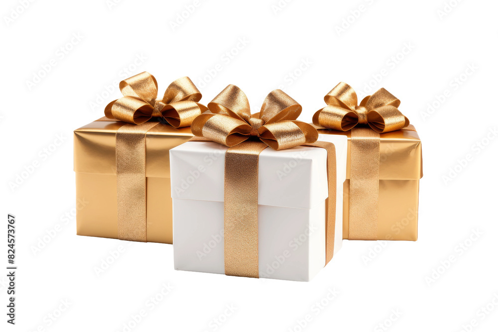 Shimmering Surprises: Two White Boxes Adorned With Gold Bows on a White or Clear Surface PNG Transparent Background. Shimmering Surprises: Two White Boxes Adorned With Gold Bows on a White or Clear Surface PNG Transparent Background.