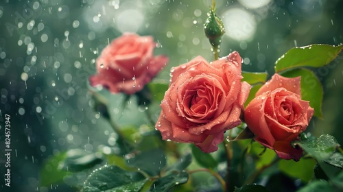 A group of roses in the rain.