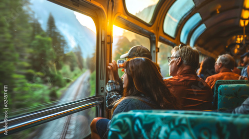 Passengers gazing through train windows at scenic views photo