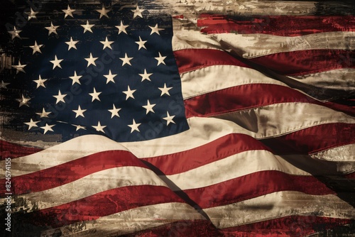 American flag waving with a distressed vintage look, backdrop of the USA flag.