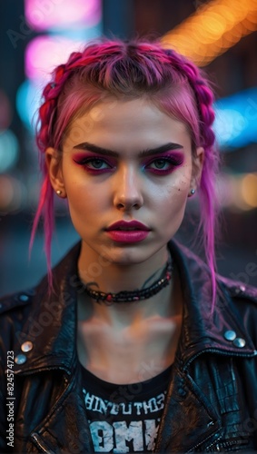 portrait of a pretty girl on the street, dressed in neon punk style © Amir Bajric