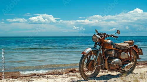 Old vintage motorcycle parked on the beach, clear blue sea, gentle waves, bright summer sky