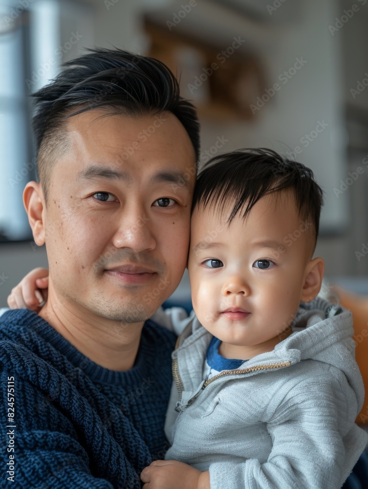 © nicole - Photograph of an Asian single father in his late 30s, sharing a moment with his son. He's dressed in comfortable yet stylish clothes, capturing a warm, familial atmosphere in an urban setting