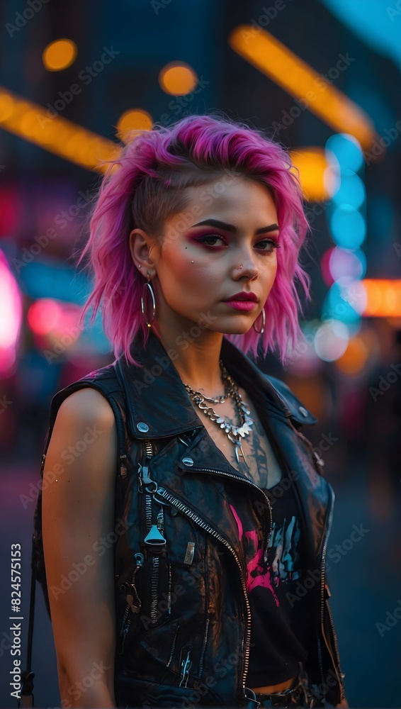portrait of a pretty girl on the street, dressed in neon punk style portrait of a pretty girl on the street, dressed in neon punk style