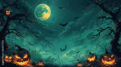 A Spooky Halloween Night Scene with Moon  Bats and Pumpkins on a Forest Path