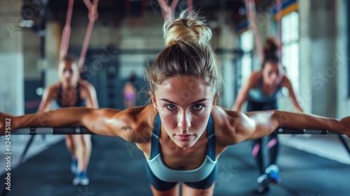 a woman works out in the gym. Close-up