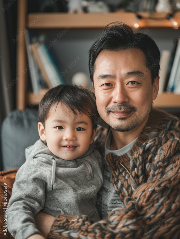 Photograph of an Asian single father in his late 30s, sharing a moment with his son. He's dressed in comfortable yet stylish clothes, capturing a warm, familial atmosphere in an urban setting Photograph of an Asian single father in his late 30s, sharing a moment with his son. He's dressed in comfortable yet stylish clothes, capturing a warm, familial atmosphere in an urban setting