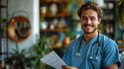 young smiling male assistant in blue medical scrubs holding document while standing in front of camera with stock image photo
