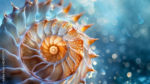 Macro photograph of a spiral shell with fine details  against a luxurious blue and gold gradient background  perfect for marine art