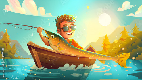 The cartoon modern male character floats in a boat on the ocean or sea and collects garbage from the sea  with a net photo