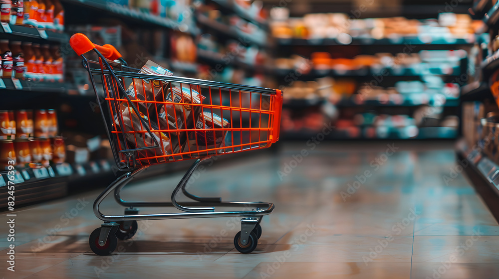 Shopping Cart in Supermarket Aisle Shopping Cart in Supermarket Aisle