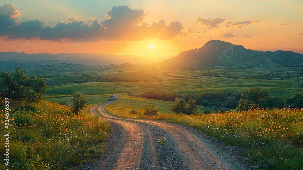 Serene countryside dirt road leading to a mountain at sunset. Beautiful landscape with green rolling hills and vibrant colors.