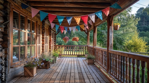 Rustic wooden porch festively decorated with colorful buntings overlooking a lush green garden and scenic nature view.