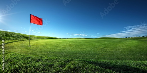 Scenic view of a vibrant green golf course with a red flag on a sunny blue sky day, perfect for outdoor sports and relaxation. photo