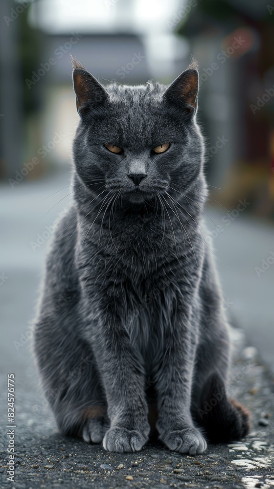 Grey Cat Sitting On A Road With A Blurry Background