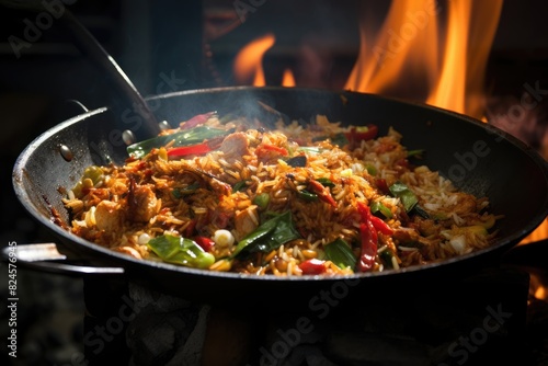 Indonesian nasi goreng sizzling in a hot wok. photo