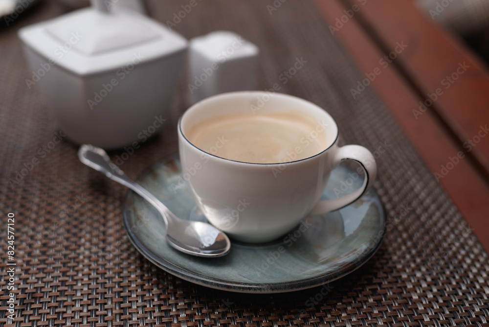 cup of coffee on wooden background. Beautiful foam, greenery ceramic cups, stylish toning, cup of coffee on wooden background. Beautiful foam, greenery ceramic cups, stylish toning,