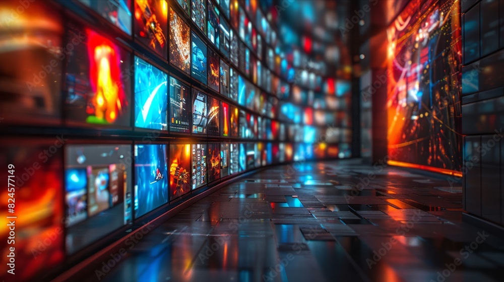 Obraz premium Vibrant multi-screen display showcasing diverse content in modern high-tech setting