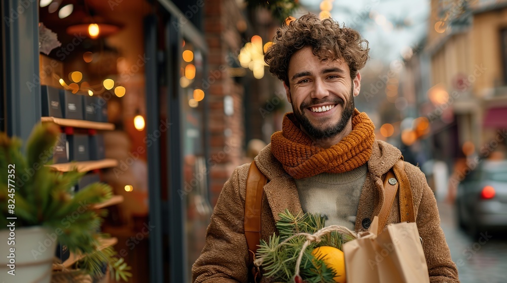 A young man smiles and holds a paper bag while walking down a city street.  He wears a warm scarf and jacket for the cold weather.  He is happy.