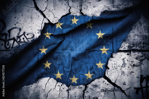 European Union, EU flag countries, broken hole cracked wall effect background photo