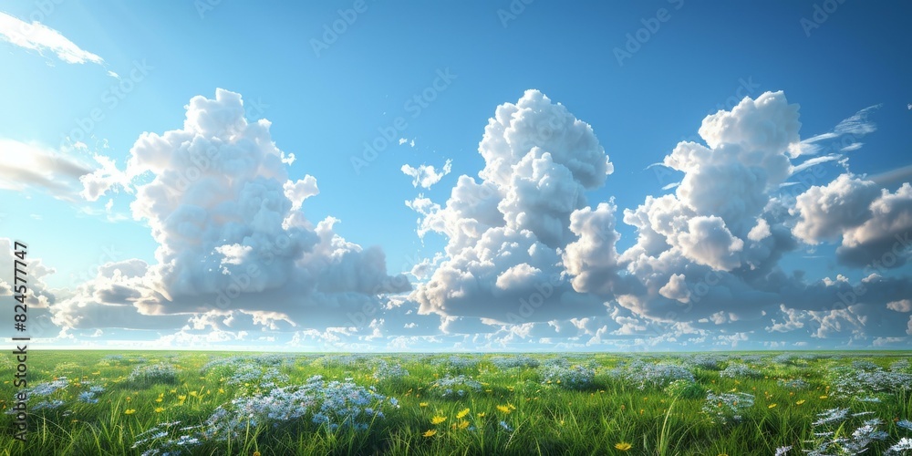 Field of flowers and blue sky with white clouds