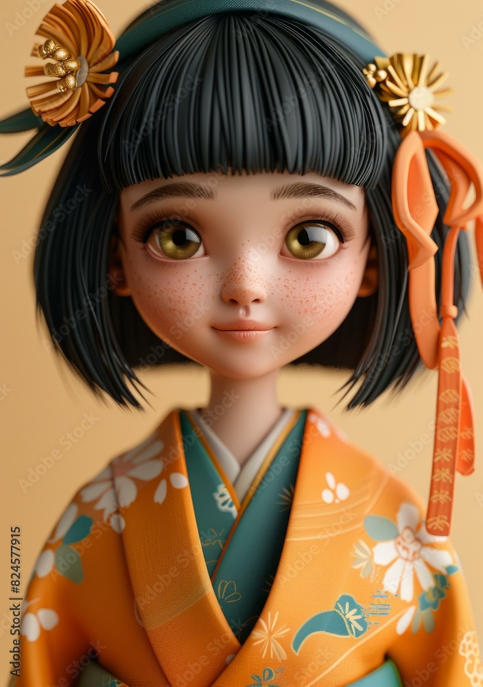 Young Japanese Girl in Kimono - 3D Illustration