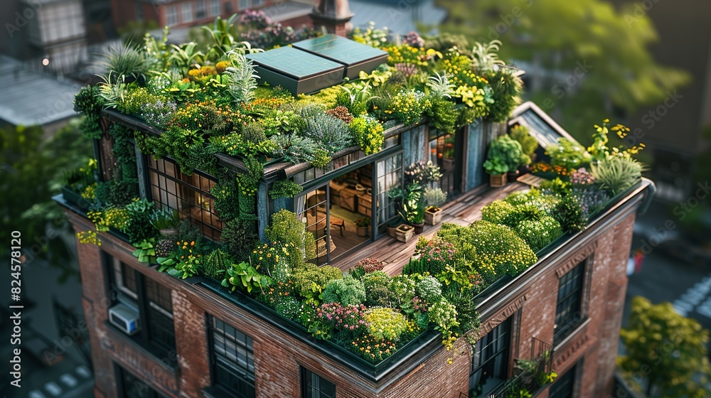 Fototapeta premium Environmental conservation concept, A rooftop garden on a city building, illustrating urban initiatives to create green spaces and combat climate change. Realistic Photo,