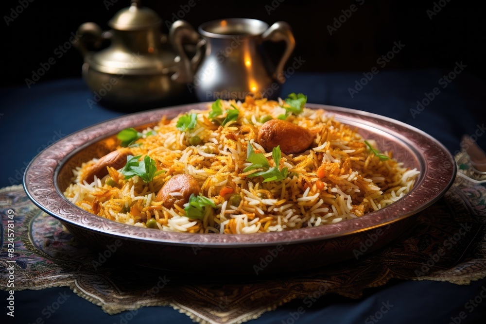 Bangladeshi biryani served in a decorative dish. Bangladeshi biryani served in a decorative dish.