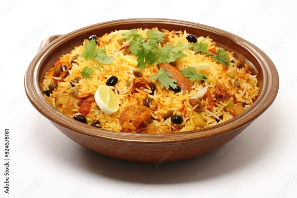 Bangladeshi biryani served in a decorative dish. White background. Bangladeshi biryani served in a decorative dish. White background.