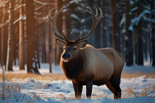 Big elk in winter forest. Bull Elk male. Banner with beautiful animal in the nature habitat. Wildlife scene from the wild nature landscape. Wallpaper, Christmas backgroun Generative AI 