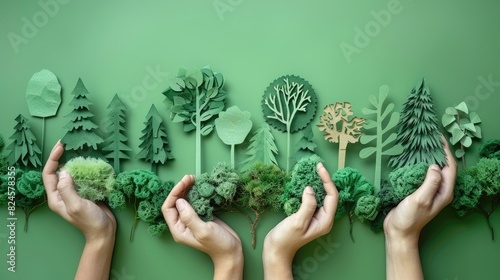 Hands holding paper cutouts of deforested and green forests, highlighting the impact of deforestation and reforestation efforts. photo