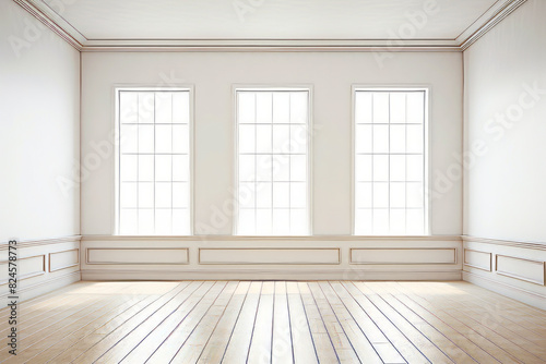 Room with three windows and wooden floor in it.