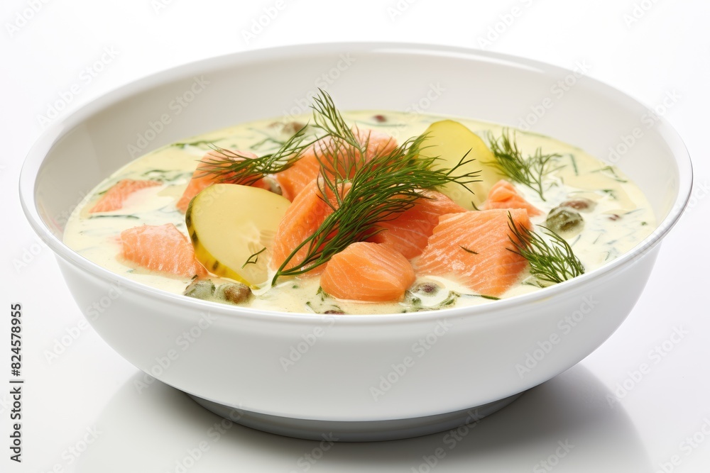 Finnish salmon soup with dill and potatoes. White background. Finnish salmon soup with dill and potatoes. White background.