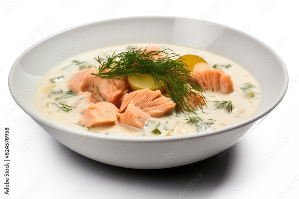 Finnish salmon soup with dill and potatoes. White background.