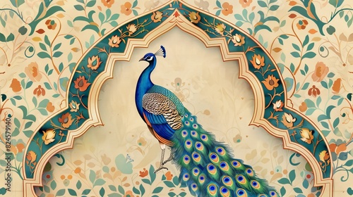 Invitation frame with a traditional middle eastern seamless pattern and Mughal arch illustrated with a peacock photo