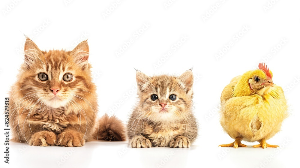 Adult red cat, Ferret in full growth and Yellow chicken isolated on white background, Collage, Collection of domestic animals isolated on white background with copy space for text placement
