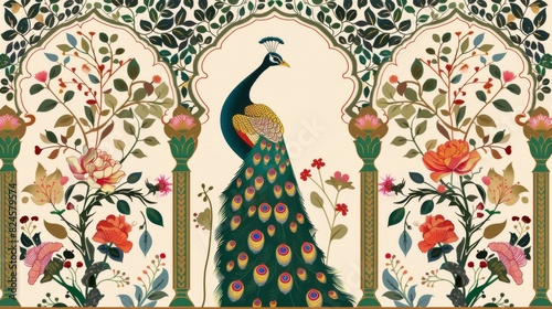 Pattern modern of traditional mughal motif, frame, arch, peacock, flower, garden, and forest